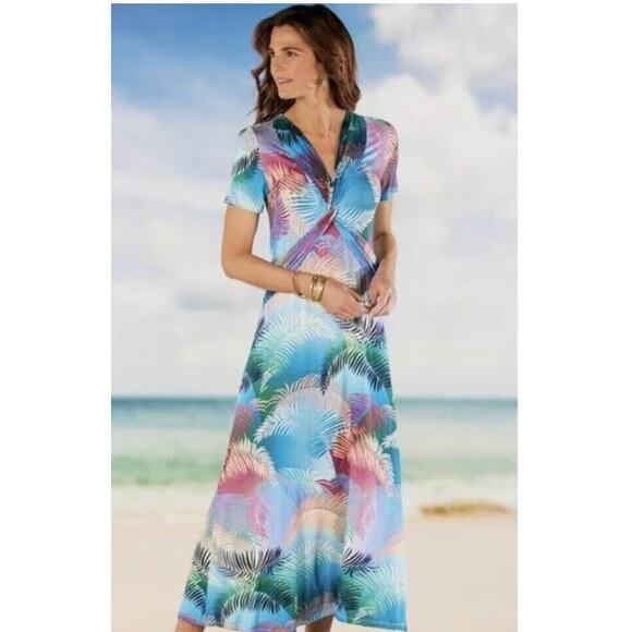 Soft Surroundings Dress Womens Large Blue Anya Ombré Palms Maxi Coastal Tropical - Picture 1 of 8